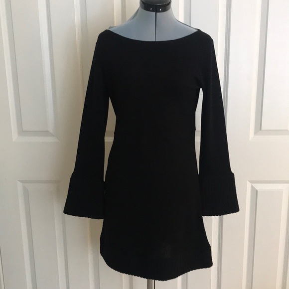 Alice + Olivia Elegant Black Wool Dress Boat Neck Ribbed Cuffs Hem Size M - Picture 1 of 15